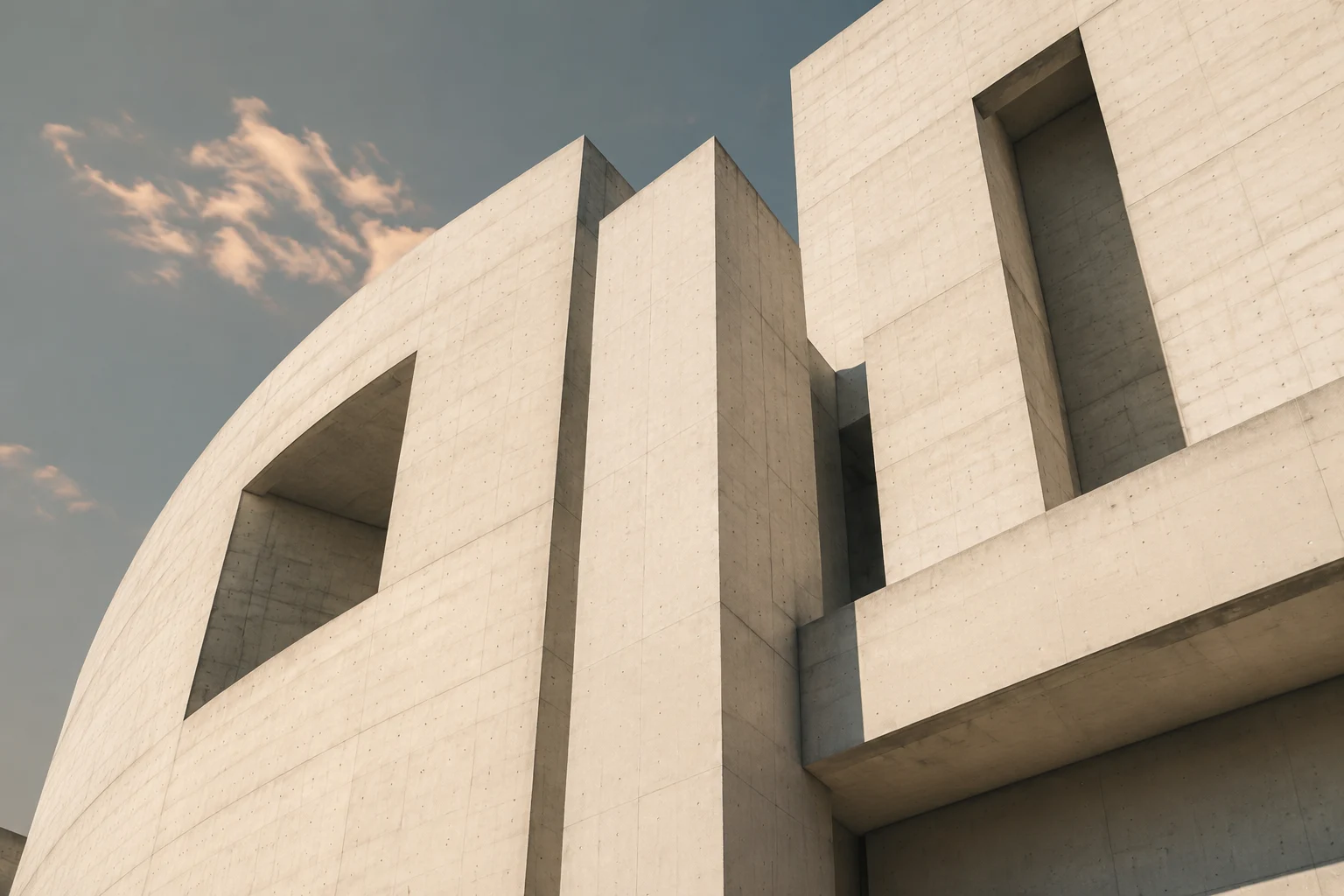 Estudo visual de uma fachada de concreto com volumes geométricos e luz natural.